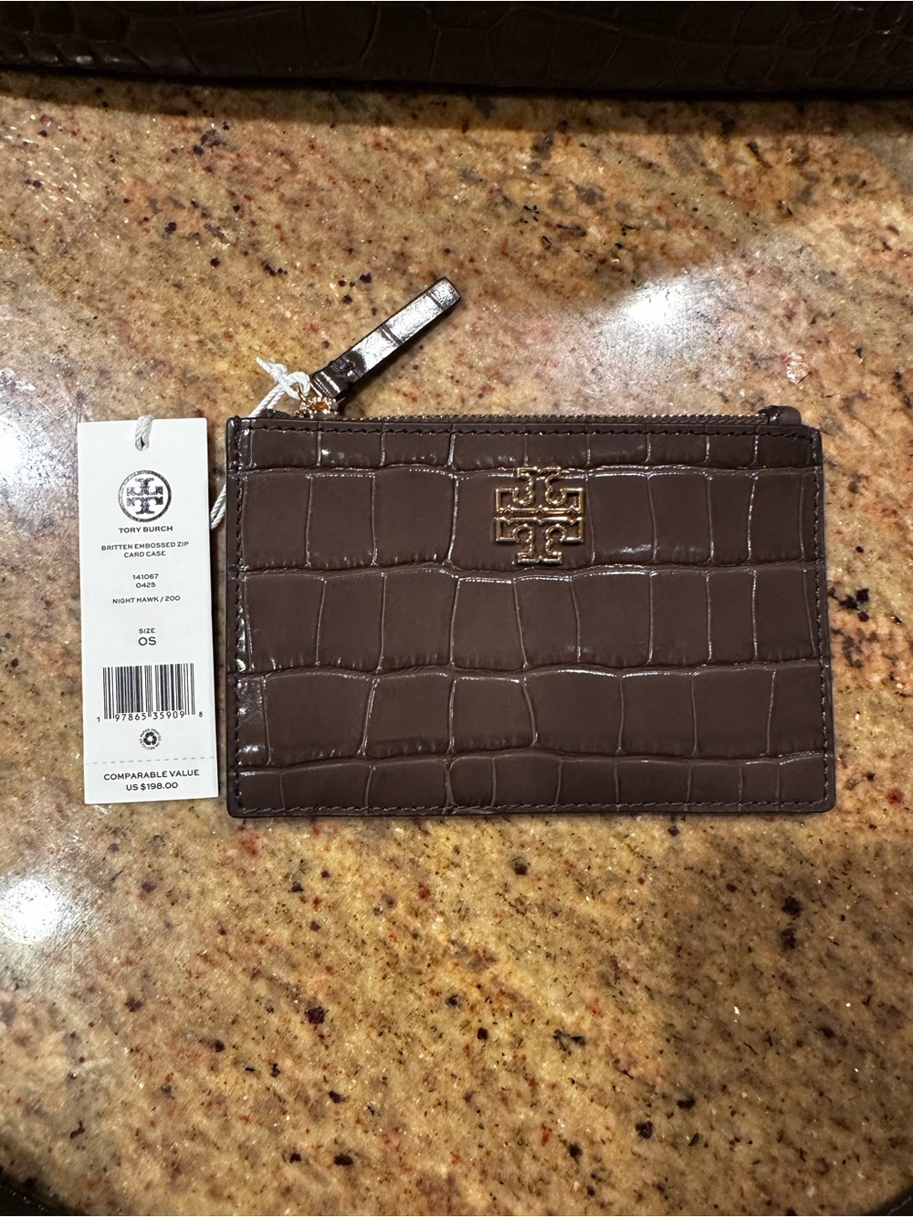 Tory Burch Night Hawk Brown Croc-Embossed Zip Card Case